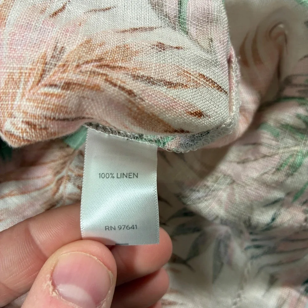 J. Jill Love Linen Blouse Women XL Pink Green Tropical Palm Leaf V-Neck - Picture 3 of 9